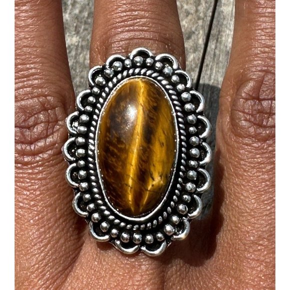 Real Tiger Eye Ring Genuine Gemstone Ornate 1.25 Inch Setting Ring Size 8 - Picture 8 of 8